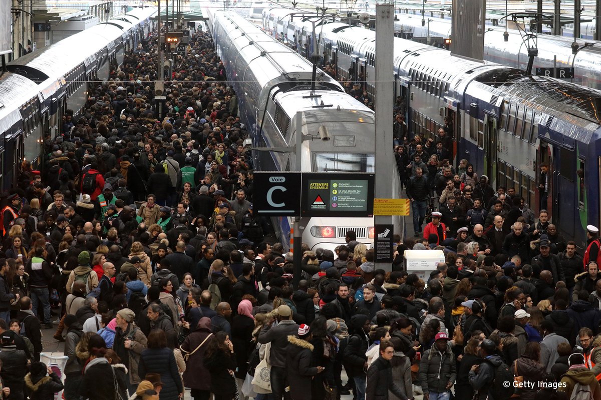 French rail workers on Tuesday launched the first full day of three