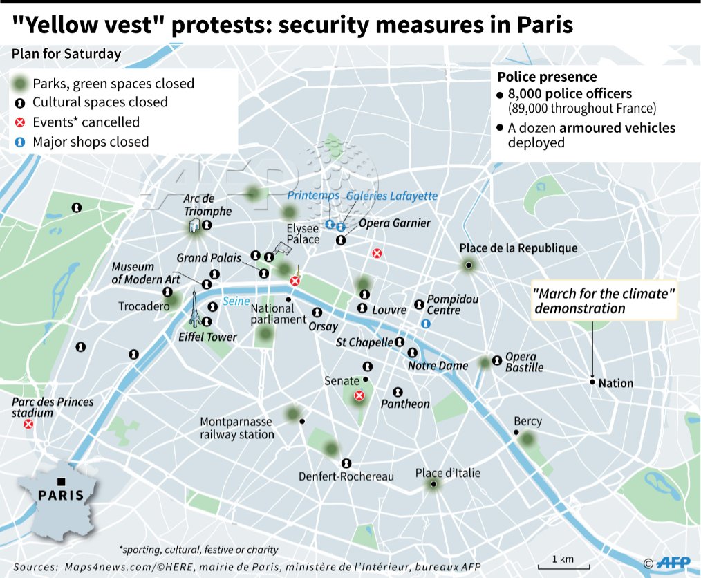 Main security measures planned for Paris during the yellow vest protest on Saturday from @AFPgraphics   