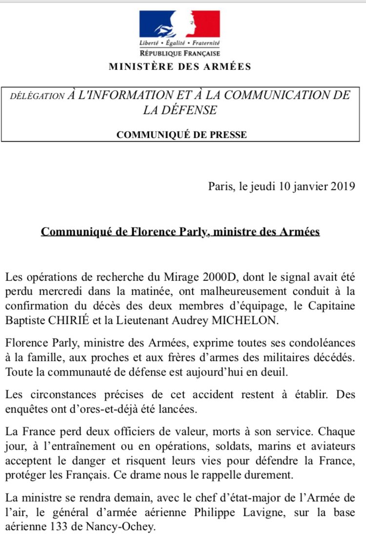 French MoD: The two missing pilots of the French Air Force have been killed in the crash of the Mirage 2000 jet fighter.   