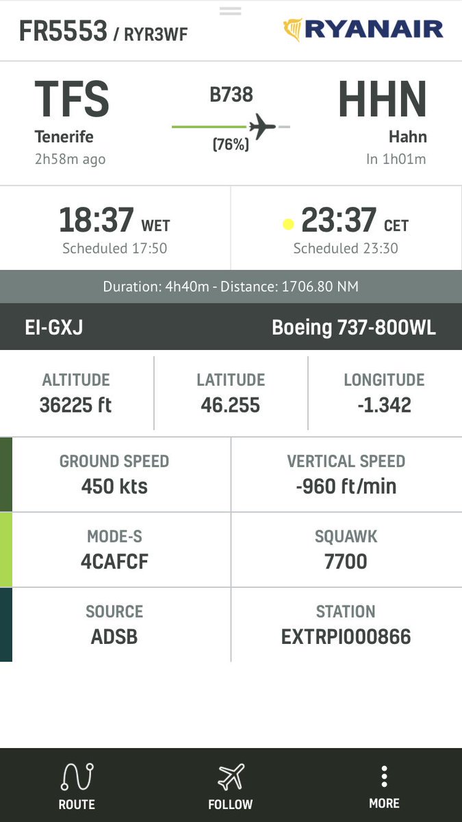 Flight @Ryanair FR5553 is declaring an emergency over West of France   