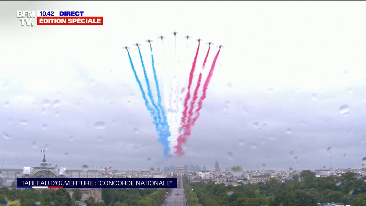 July 14: the Patrouille de France deploys its emblematic plume of blue-white-red smoke above the Champs-Élysées 