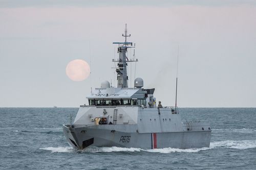 A photo of the Ropucha-class Korolev landing ship followed by the Flamant (P 676) patrol boat during the transit of Russian ships across the English Channel