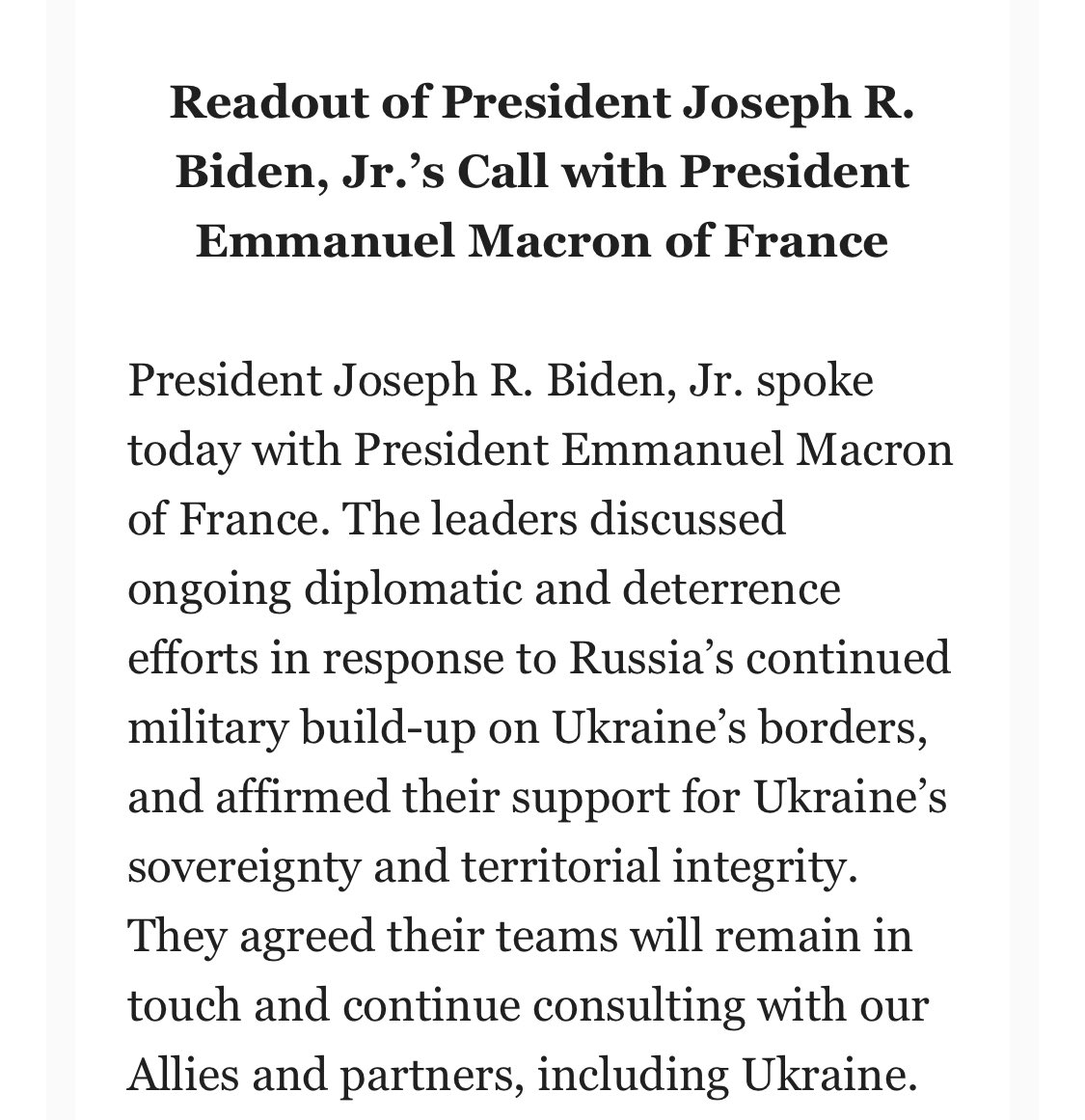 .@POTUS Biden spoke today with French President @EmmanuelMacron regarding Ukraine