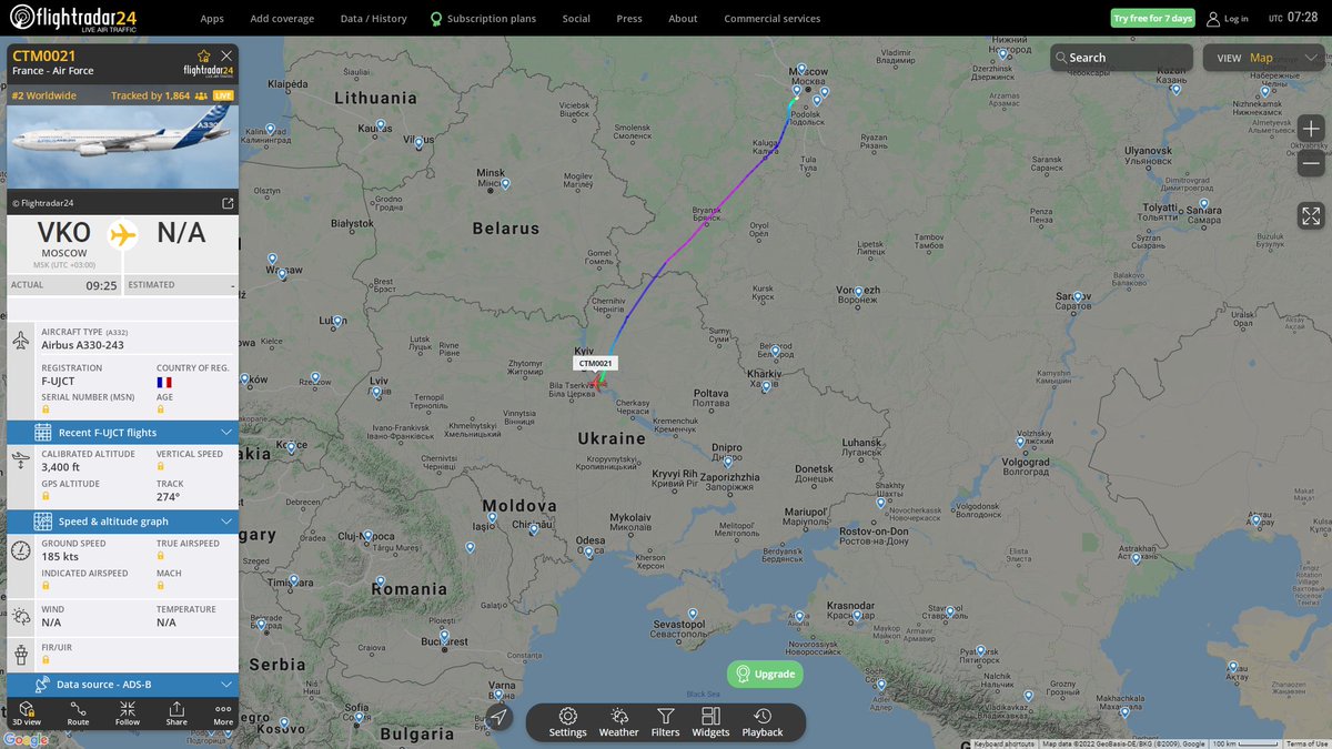 French Air Force A330-243 CTM0021 en route to Kyiv Ukraine from Moscow