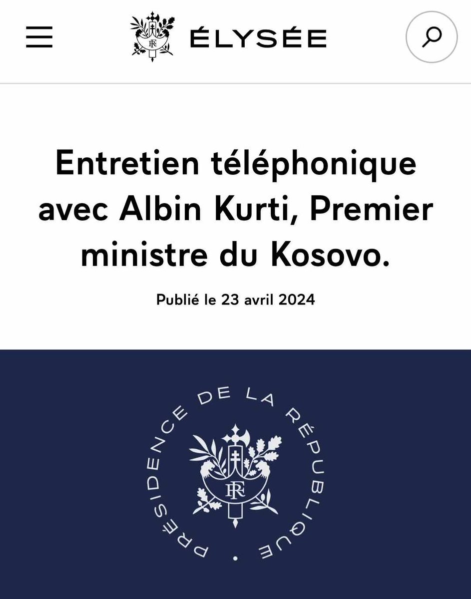 Macron recalled to Kurti 'France's unwavering support for the independence and European integration of Kosovo'. He underlined 'the importance that France attaches, in context of application to @coe to rapid and irreversible progress in creating Assoc of Serbian Municipalities'