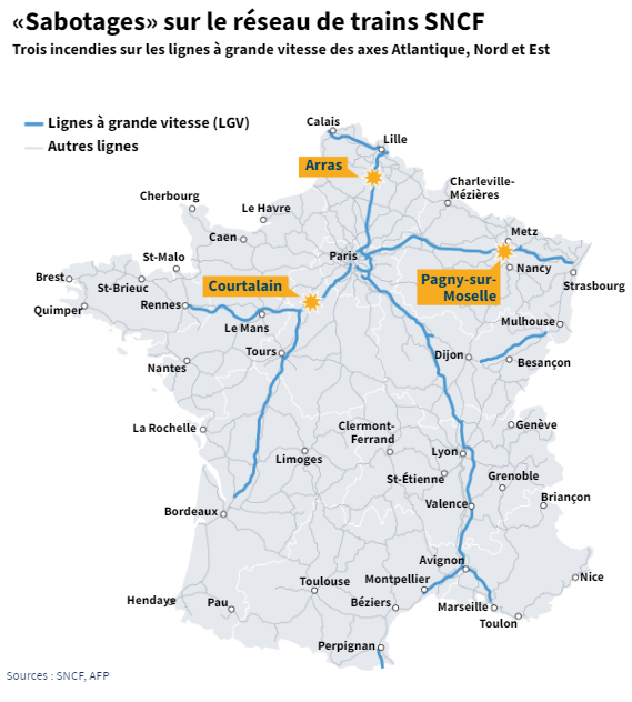 Eine Karte der heutigen Sabotageakte an Bahnstrecken in Frankreich