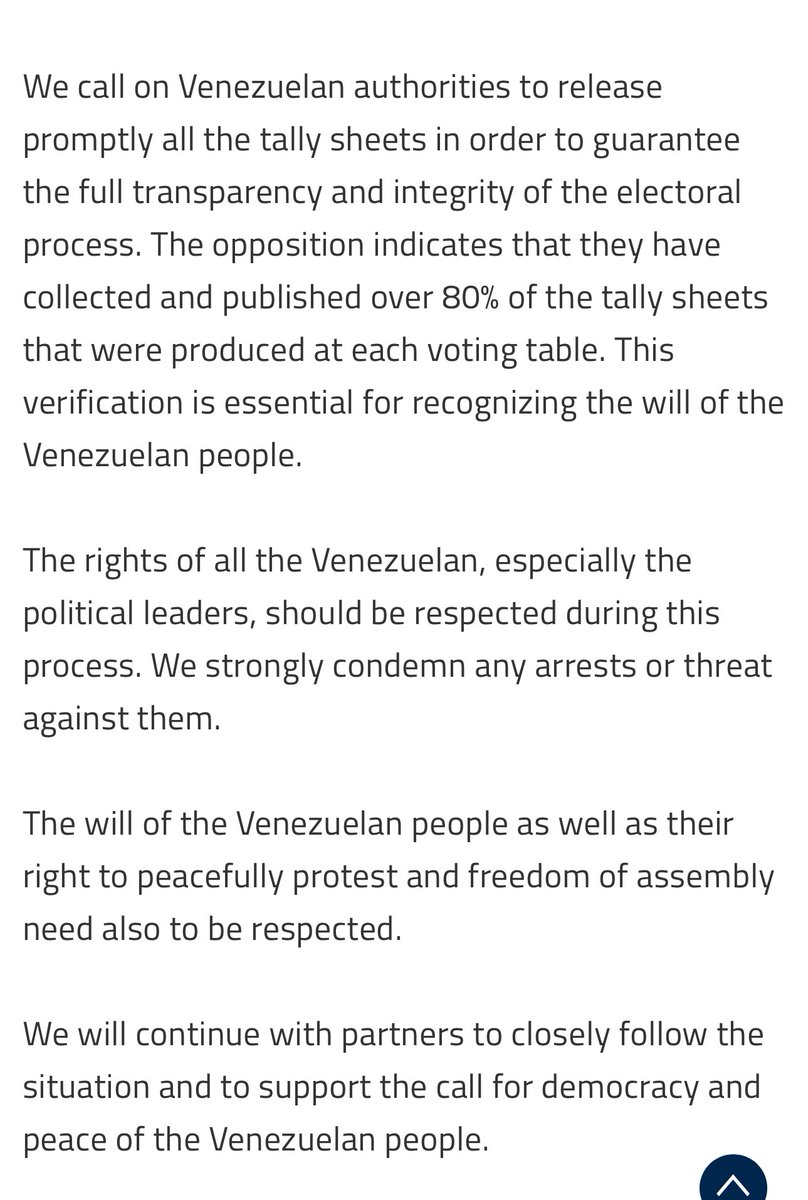 The Governments of Italy, France, Germany, Spain, Holland, Poland and Portugal publish a joint statement: - They demand that Maduro prove his victory. They claim that the opposition already has 80% of the minutes. - They ask to stop the persecution