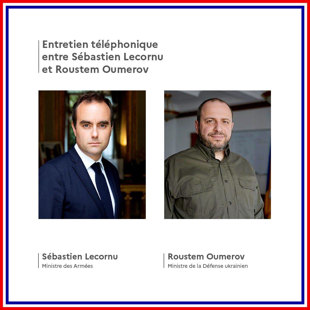 Ministro delle Forze Armate Sébastien Lecornu della Francia: l'Ucraina continua a difendersi dall'aggressione russa. Discussioni con il mio omologo @rustem_umerov in merito all'evoluzione della situazione sul fronte e al monitoraggio del sostegno francese all'Ucraina