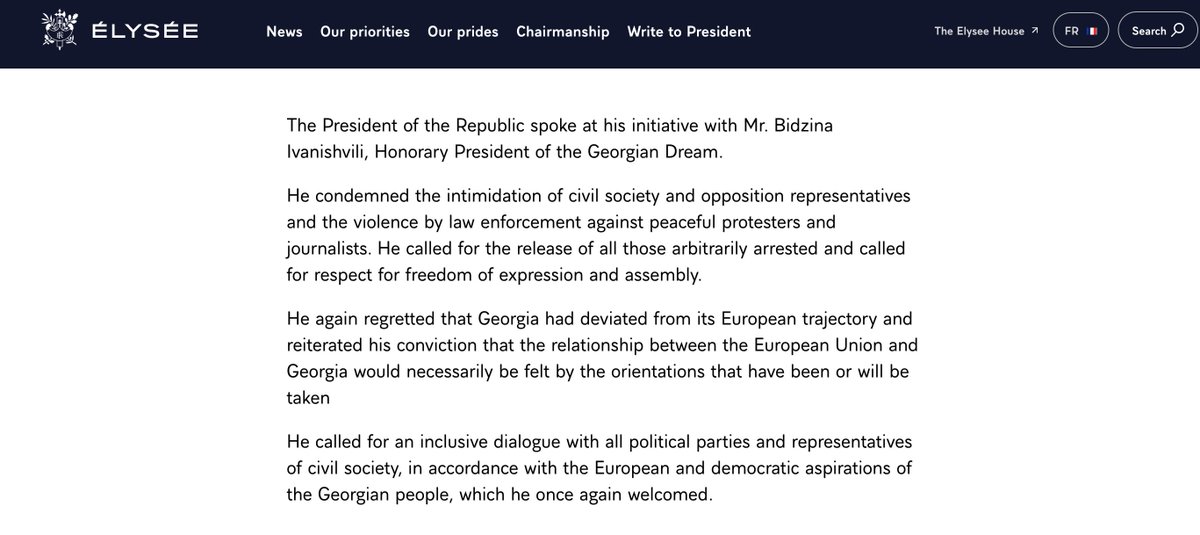 The @Elysee has confirmed a call between @EmmanuelMacron and Bidzina Ivanishvili, during which Macron urged Ivanishvili to release all individuals arbitrarily detained during protests