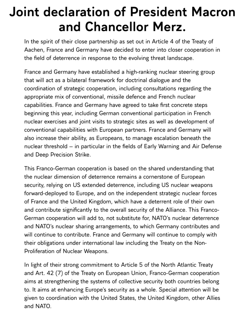 Fransa Cumhurbaşkanı Macron ve Şansölye Friedrich Merz'in Fransız-Alman işbirliğine ilişkin ortak bildirisi